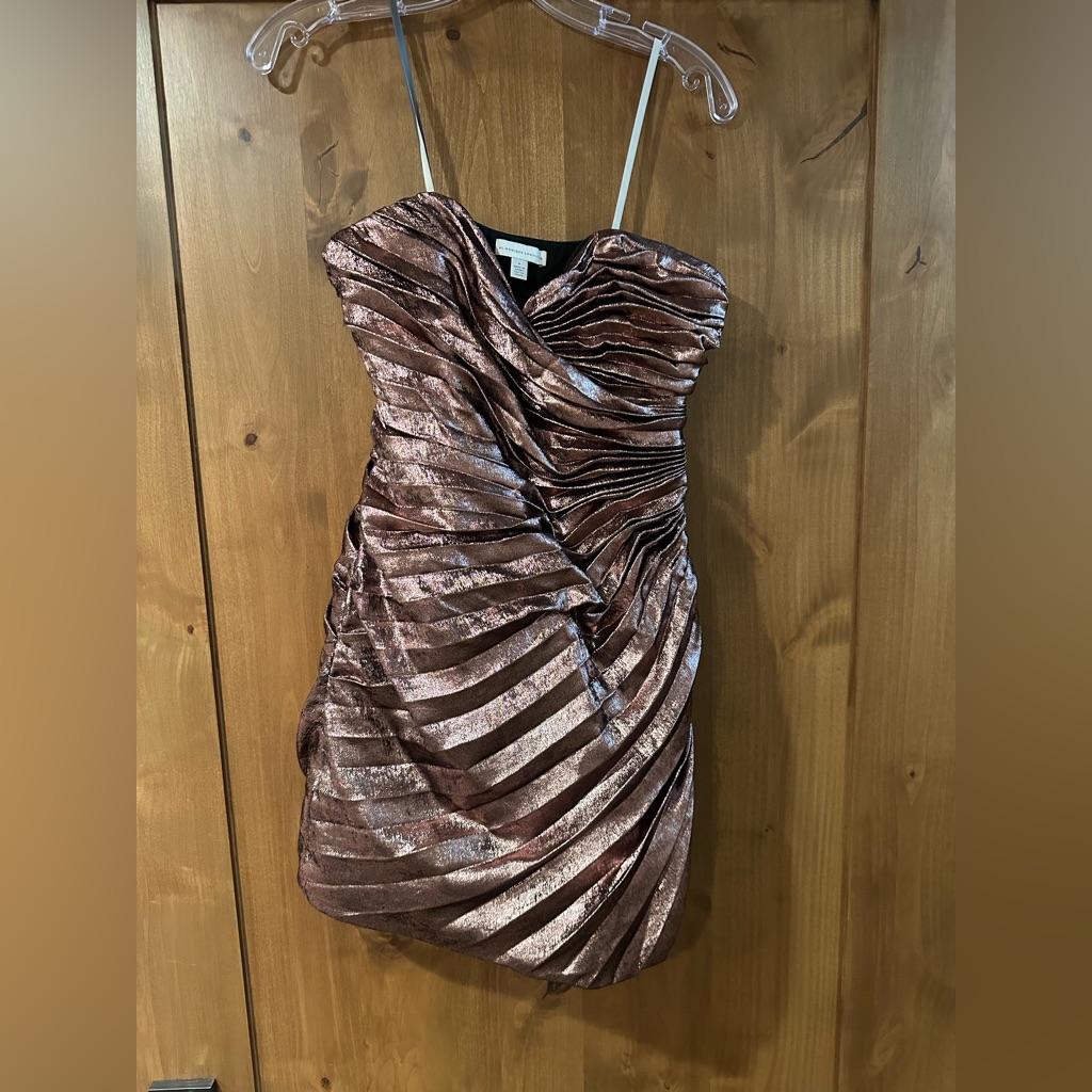 Monique Lhuillier Metallic Rose Gold Strapless Ruched Cocktail Dress